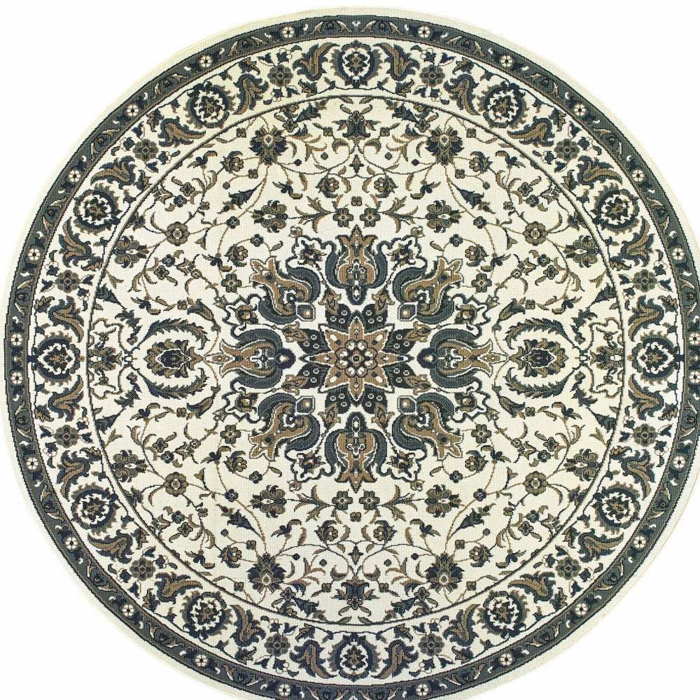 8' X 8' Ivory and Blue Round Oriental Stain Resistant Indoor Outdoor Area Rug - Homeroots - Flyclothing LLC