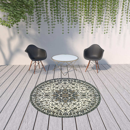8' X 8' Ivory and Blue Round Oriental Stain Resistant Indoor Outdoor Area Rug - Homeroots - Flyclothing LLC