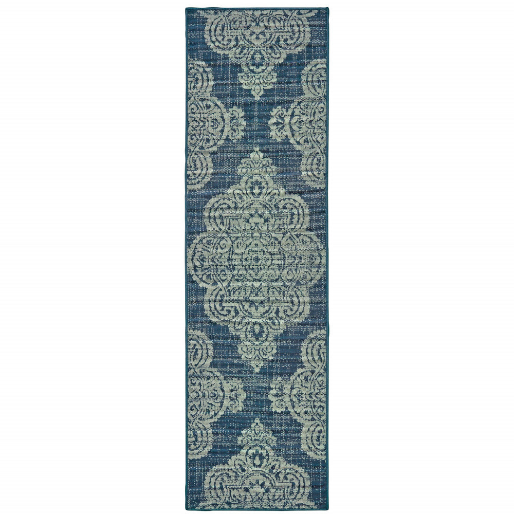 2' X 8' Blue Oriental Stain Resistant Indoor Outdoor Area Rug