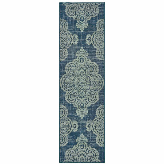 2' X 8' Blue Oriental Stain Resistant Indoor Outdoor Area Rug - Homeroots - Flyclothing LLC