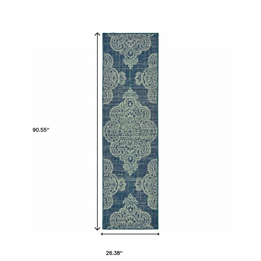 2' X 8' Blue Oriental Stain Resistant Indoor Outdoor Area Rug - Homeroots - Flyclothing LLC