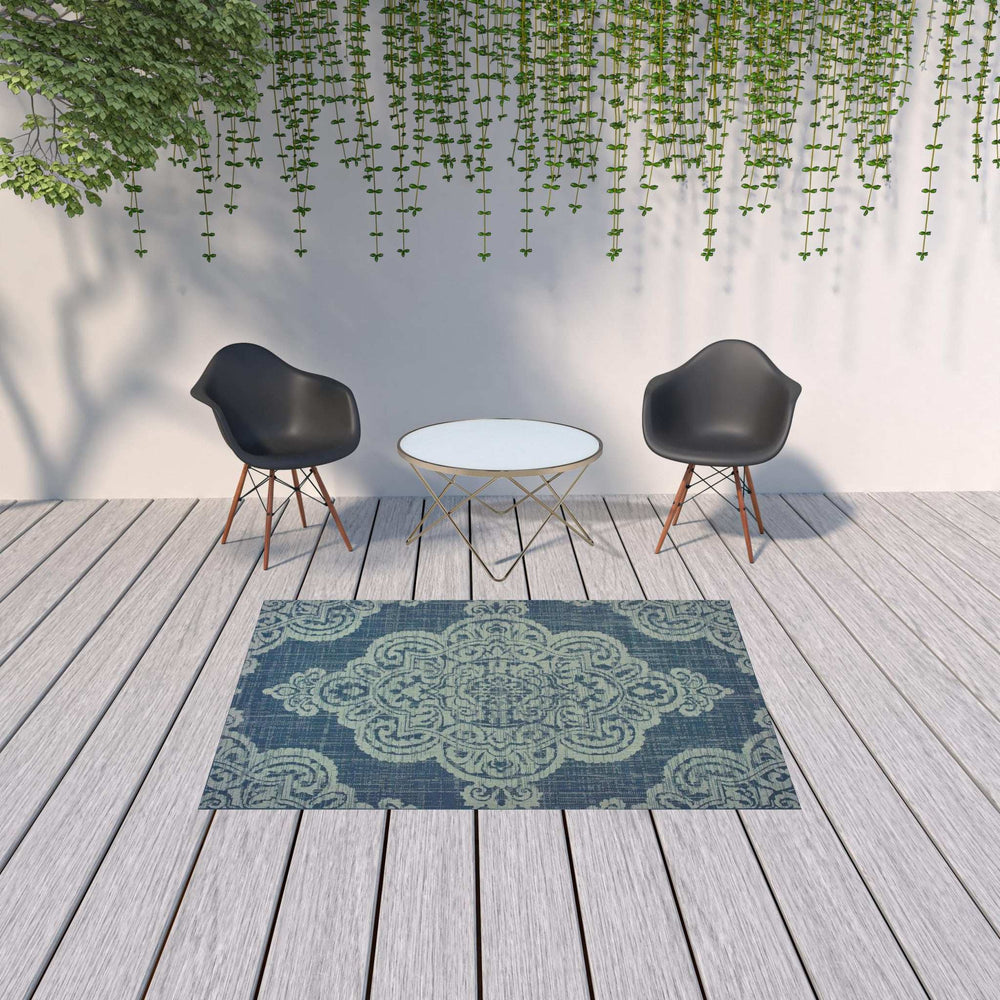5' X 8' Blue Oriental Stain Resistant Indoor Outdoor Area Rug - Homeroots - Flyclothing LLC
