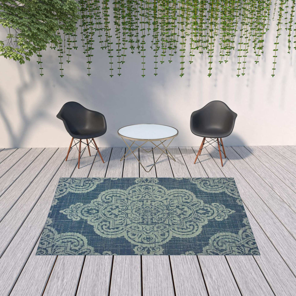 7' X 10' Blue Oriental Stain Resistant Indoor Outdoor Area Rug - Homeroots - Flyclothing LLC