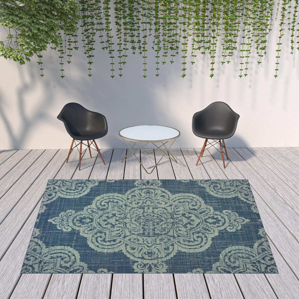 8' X 11' Blue Oriental Stain Resistant Indoor Outdoor Area Rug - Homeroots - Flyclothing LLC