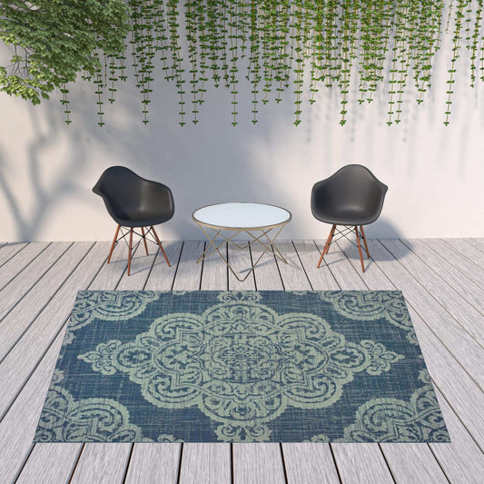 8' X 11' Blue Oriental Stain Resistant Indoor Outdoor Area Rug - Homeroots - Flyclothing LLC