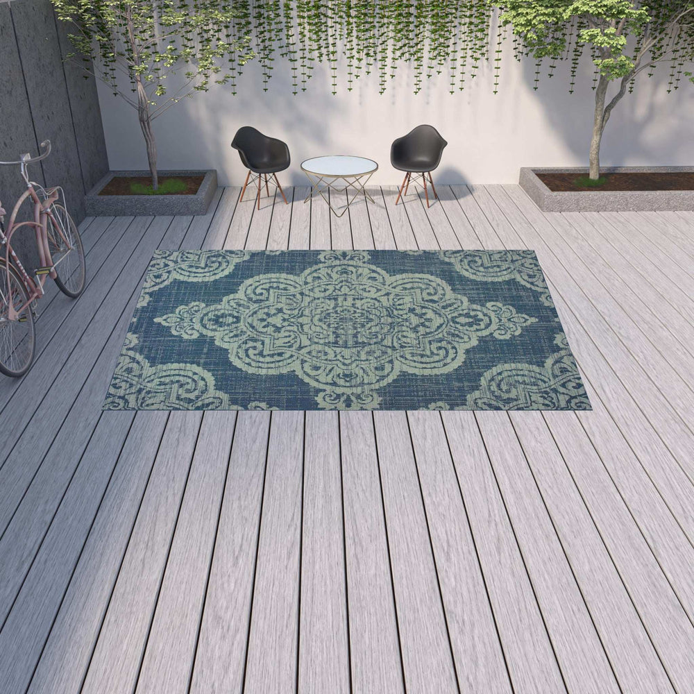 9' X 13' Blue Oriental Stain Resistant Indoor Outdoor Area Rug - Homeroots - Flyclothing LLC