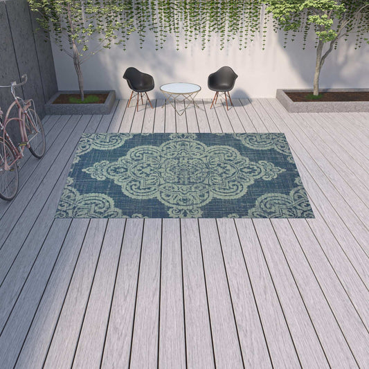 9' X 13' Blue Oriental Stain Resistant Indoor Outdoor Area Rug - Homeroots - Flyclothing LLC