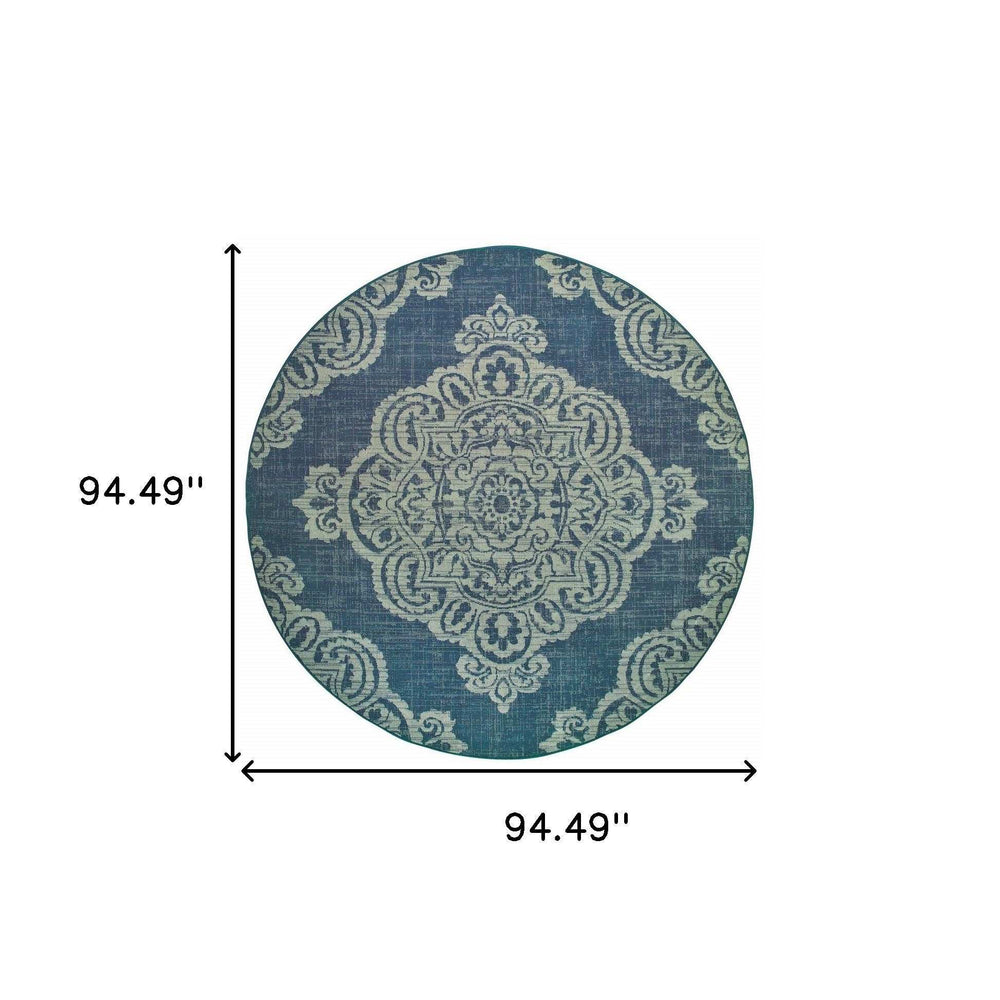 8' X 8' Blue Round Oriental Stain Resistant Indoor Outdoor Area Rug - Homeroots - Flyclothing LLC