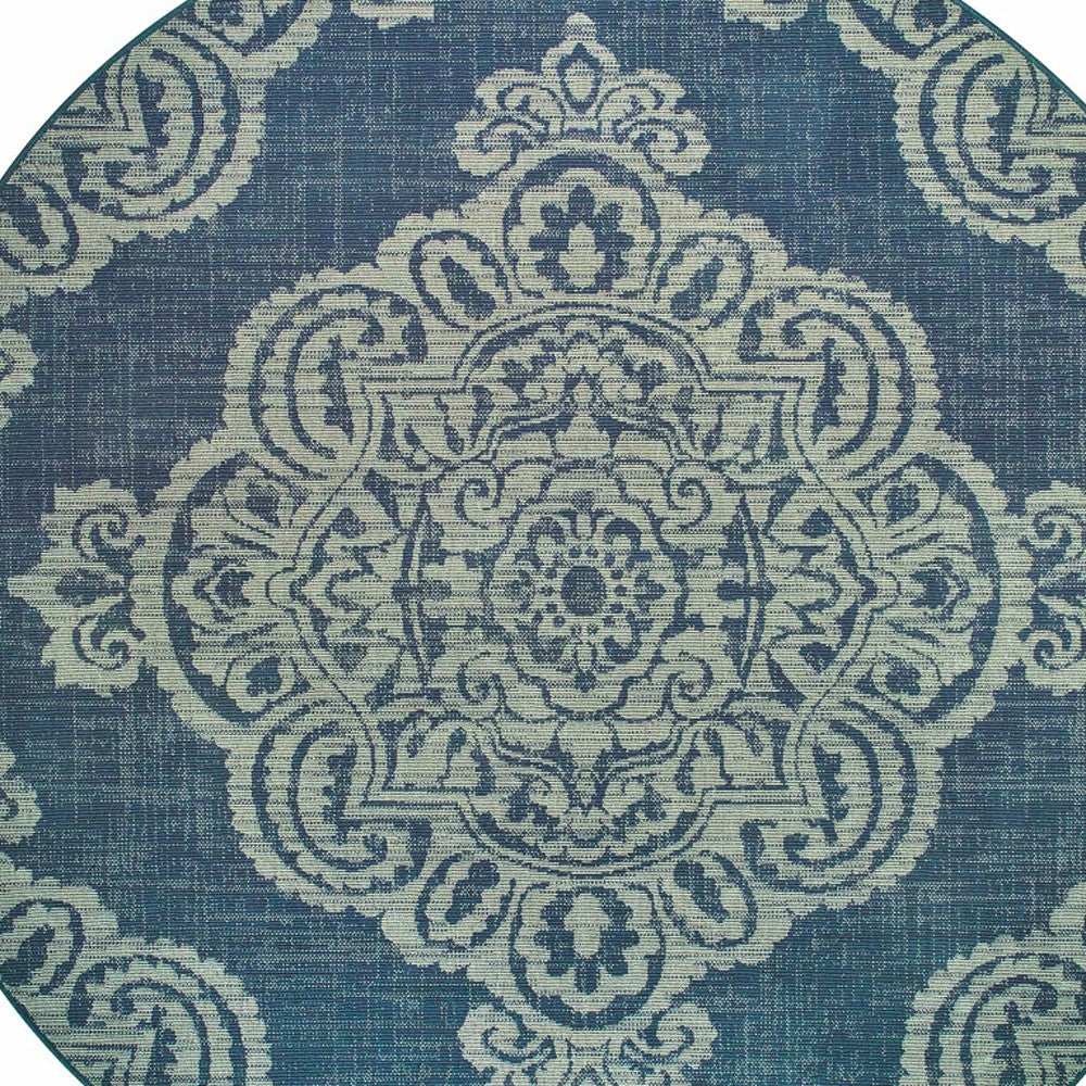 8' X 8' Blue Round Oriental Stain Resistant Indoor Outdoor Area Rug - Homeroots - Flyclothing LLC
