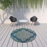 8' X 8' Blue Round Oriental Stain Resistant Indoor Outdoor Area Rug - Homeroots