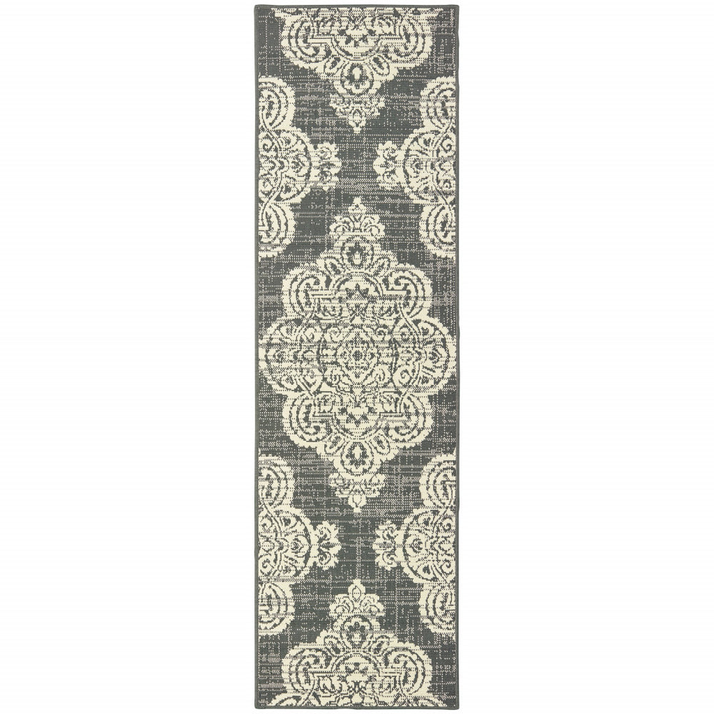 2' X 8' Gray and Ivory Oriental Stain Resistant Indoor Outdoor Area Rug - Homeroots