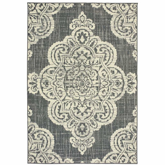 2' X 4' Gray and Ivory Oriental Stain Resistant Indoor Outdoor Area Rug - Homeroots - Flyclothing LLC