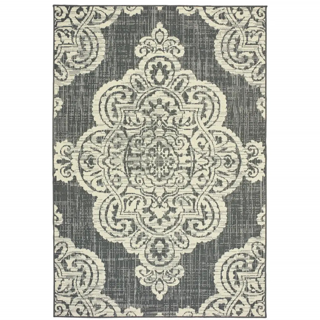 8' X 11' Gray and Ivory Oriental Stain Resistant Indoor Outdoor Area Rug - Homeroots - Flyclothing LLC
