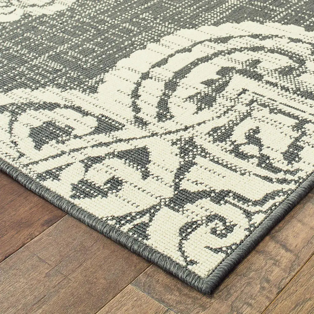 9' X 13' Gray and Ivory Oriental Stain Resistant Indoor Outdoor Area Rug - Homeroots - Flyclothing LLC