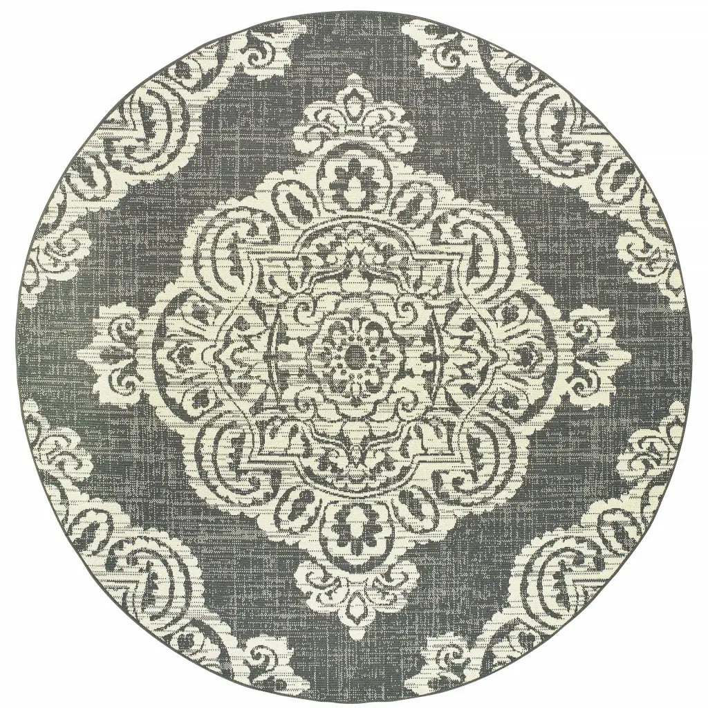 8' X 8' Gray and Ivory Round Oriental Stain Resistant Indoor Outdoor Area Rug - Homeroots - Flyclothing LLC