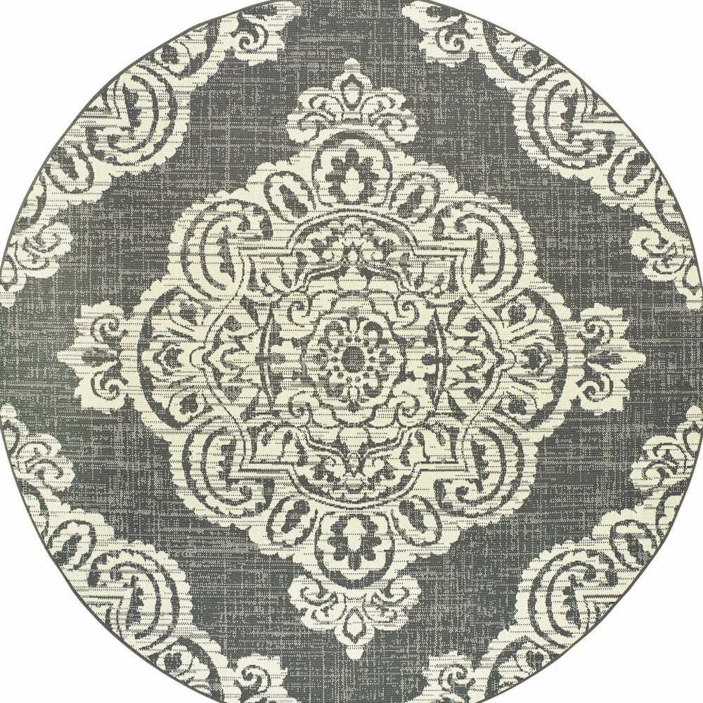 8' X 8' Gray and Ivory Round Oriental Stain Resistant Indoor Outdoor Area Rug - Homeroots - Flyclothing LLC