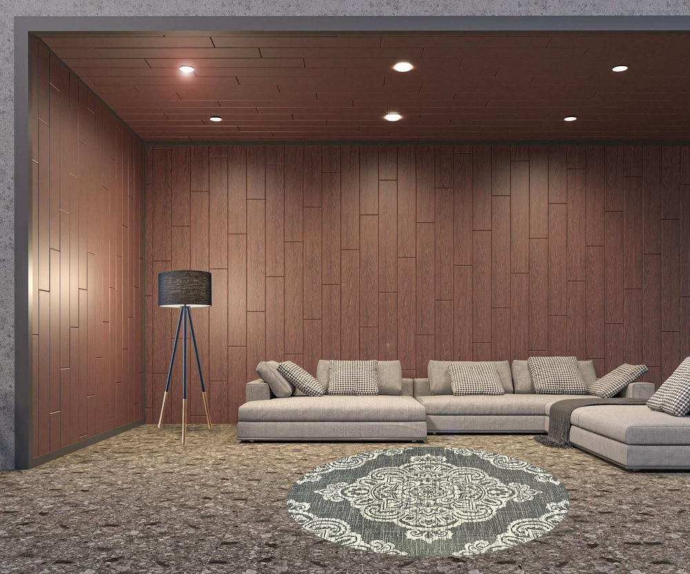 8' X 8' Gray and Ivory Round Oriental Stain Resistant Indoor Outdoor Area Rug - Homeroots - Flyclothing LLC