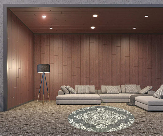 8' X 8' Gray and Ivory Round Oriental Stain Resistant Indoor Outdoor Area Rug - Homeroots - Flyclothing LLC