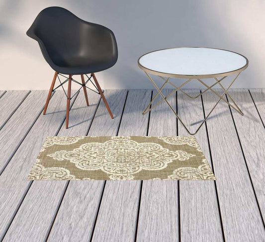 2' X 4' Tan Oriental Stain Resistant Indoor Outdoor Area Rug - Homeroots - Flyclothing LLC