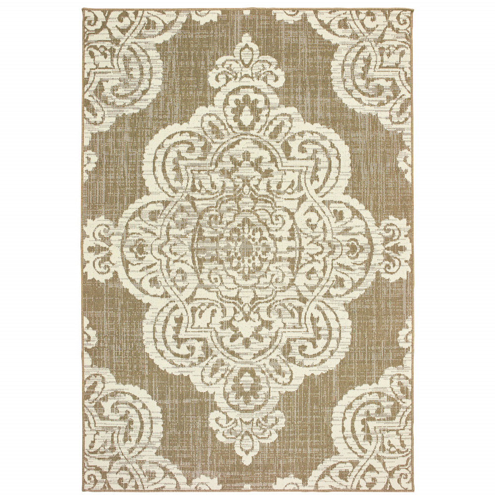 2' X 4' Tan Oriental Stain Resistant Indoor Outdoor Area Rug - Homeroots