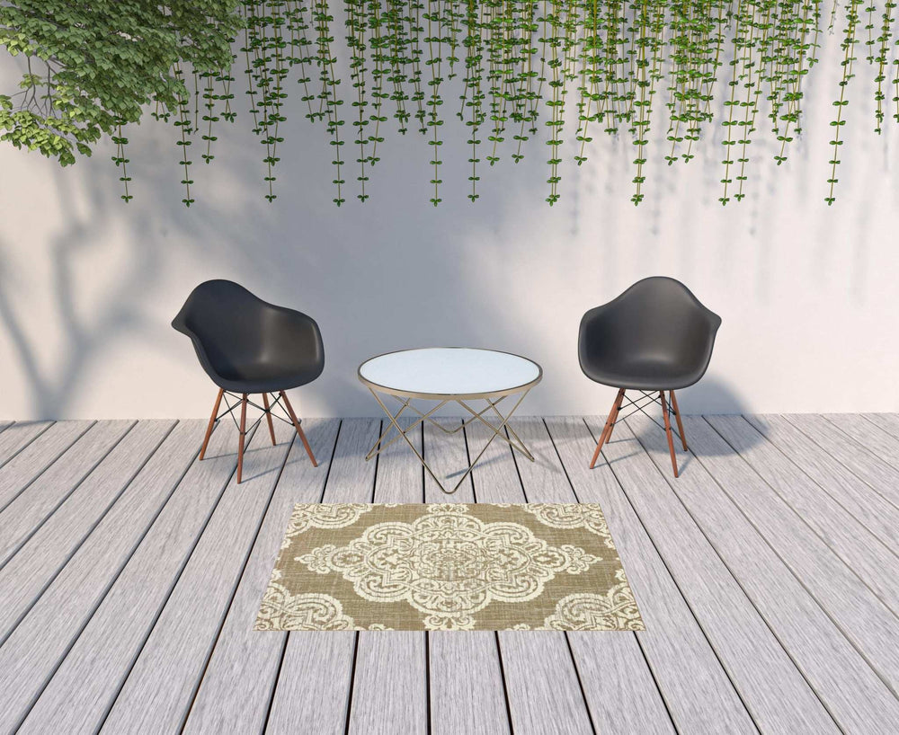 4' X 6' Tan Oriental Stain Resistant Indoor Outdoor Area Rug - Homeroots - Flyclothing LLC