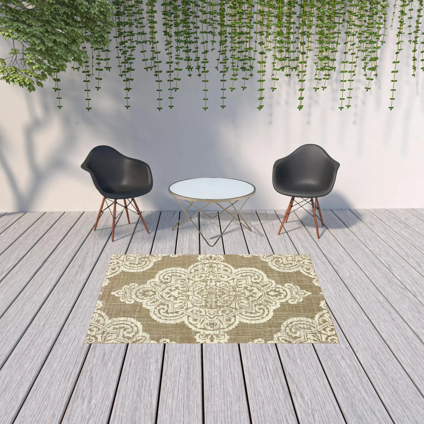5' X 8' Tan Oriental Stain Resistant Indoor Outdoor Area Rug - Homeroots - Flyclothing LLC