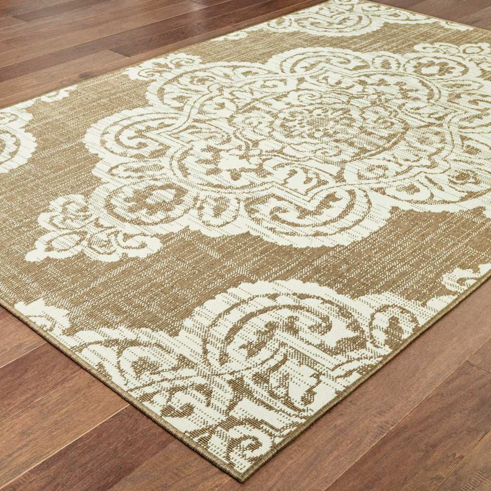 7' X 10' Tan Oriental Stain Resistant Indoor Outdoor Area Rug - Homeroots - Flyclothing LLC