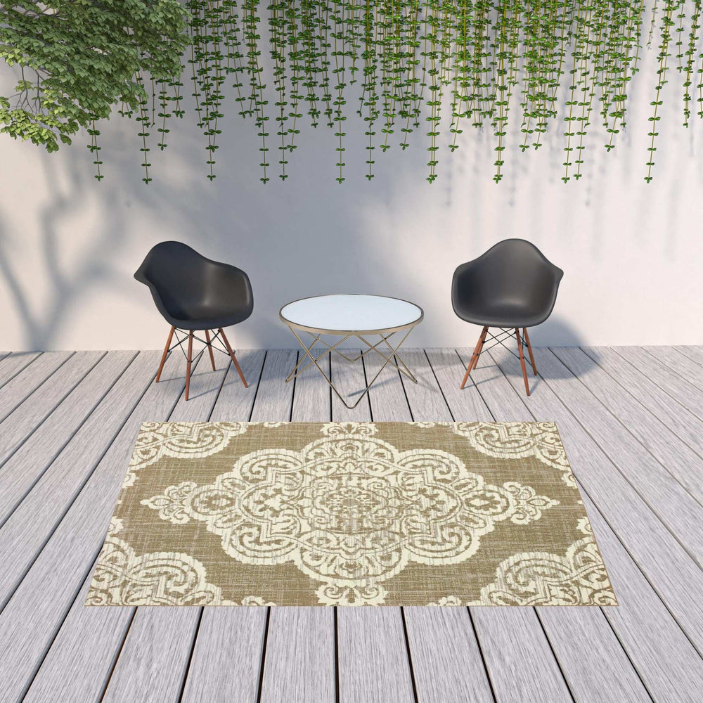 7' X 10' Tan Oriental Stain Resistant Indoor Outdoor Area Rug - Homeroots - Flyclothing LLC