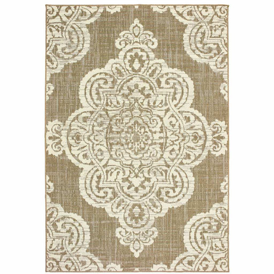 8' X 11' Tan Oriental Stain Resistant Indoor Outdoor Area Rug - Homeroots - Flyclothing LLC