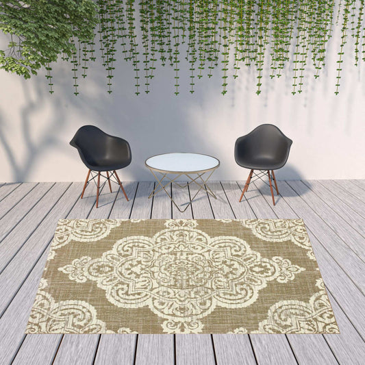 8' X 11' Tan Oriental Stain Resistant Indoor Outdoor Area Rug - Homeroots - Flyclothing LLC