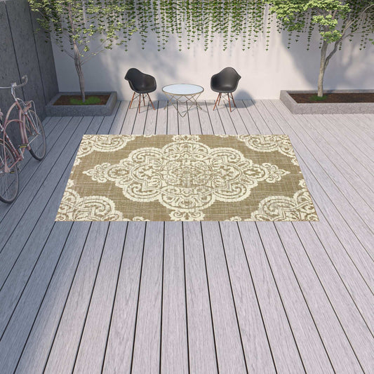 9' X 13' Tan Oriental Stain Resistant Indoor Outdoor Area Rug - Homeroots - Flyclothing LLC