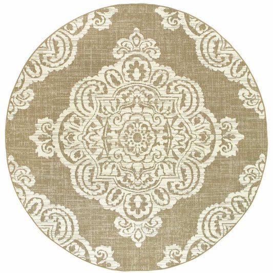 8' X 8' Tan Round Oriental Stain Resistant Indoor Outdoor Area Rug - Homeroots - Flyclothing LLC