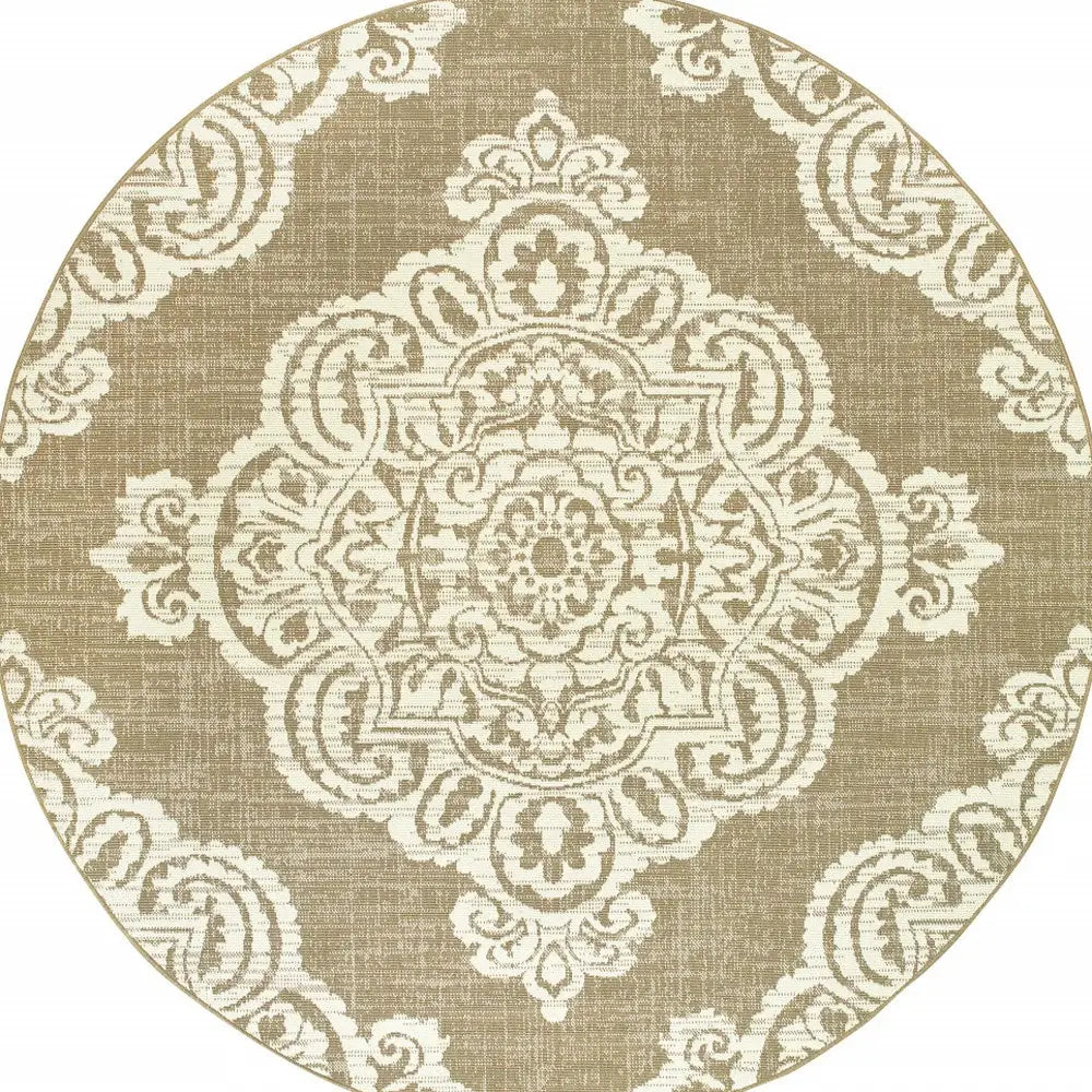 8' X 8' Tan Round Oriental Stain Resistant Indoor Outdoor Area Rug - Homeroots - Flyclothing LLC