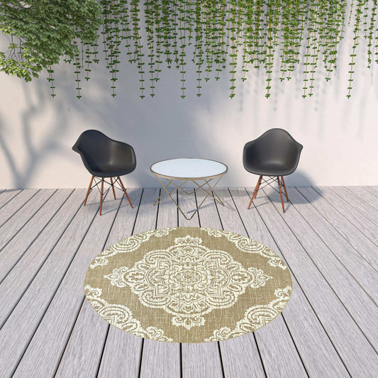 8' X 8' Tan Round Oriental Stain Resistant Indoor Outdoor Area Rug - Homeroots - Flyclothing LLC