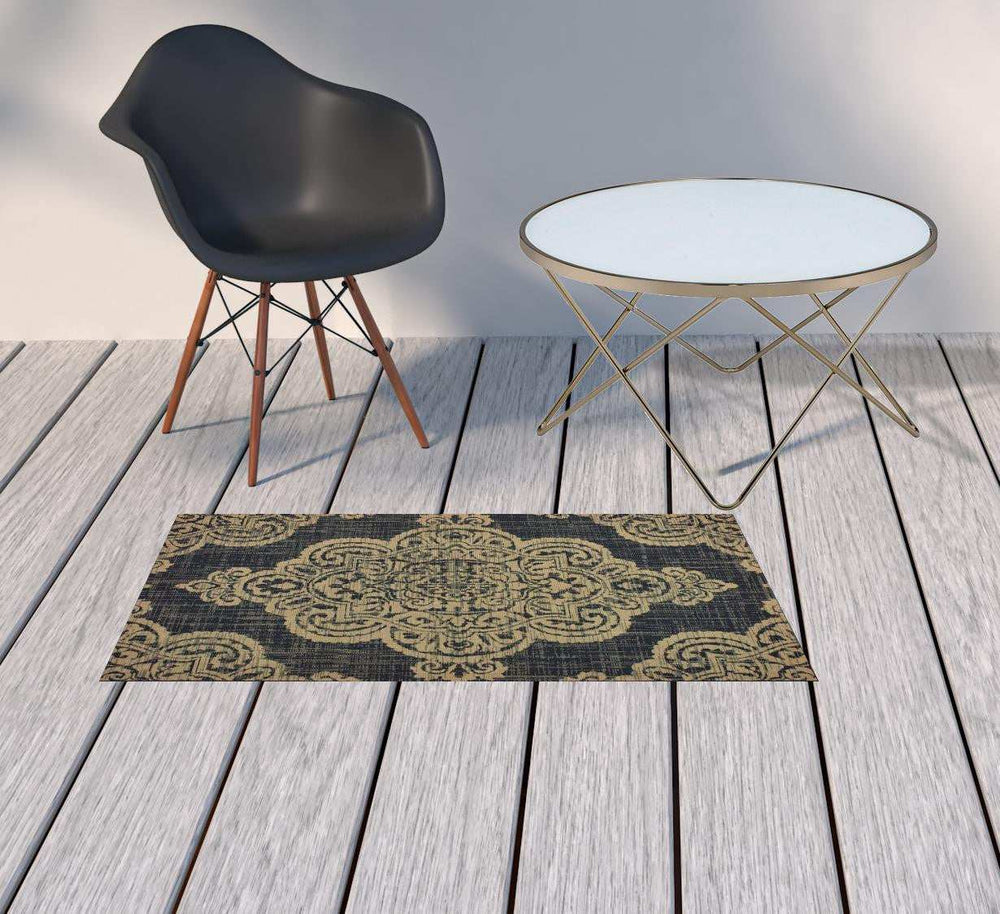 2' X 4' Black and Tan Oriental Stain Resistant Indoor Outdoor Area Rug - Homeroots - Flyclothing LLC