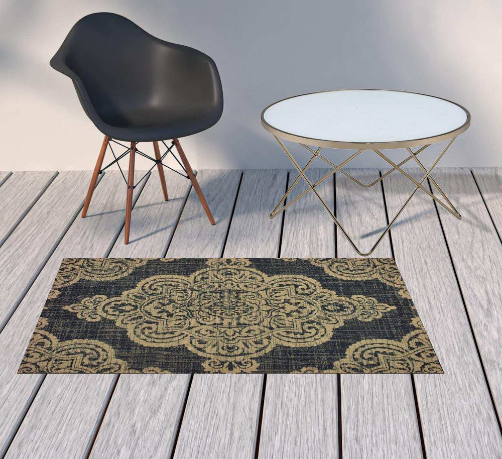 2' X 4' Black and Tan Oriental Stain Resistant Indoor Outdoor Area Rug - Homeroots - Flyclothing LLC