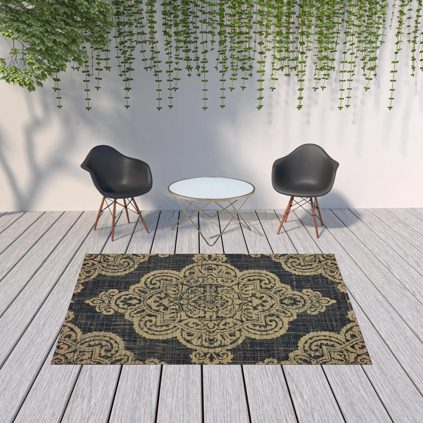 7' X 10' Black and Tan Oriental Stain Resistant Indoor Outdoor Area Rug - Homeroots - Flyclothing LLC