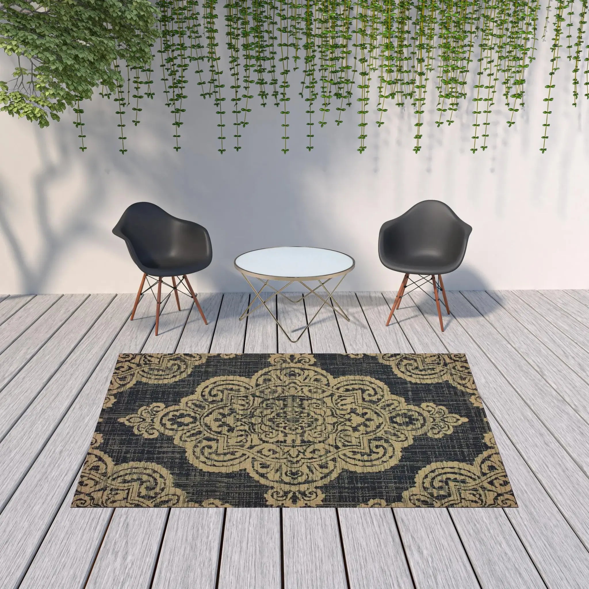 7' X 10' Black and Tan Oriental Stain Resistant Indoor Outdoor Area Rug - Homeroots - Flyclothing LLC