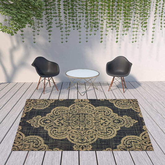 8' X 11' Black and Tan Oriental Stain Resistant Indoor Outdoor Area Rug - Homeroots - Flyclothing LLC