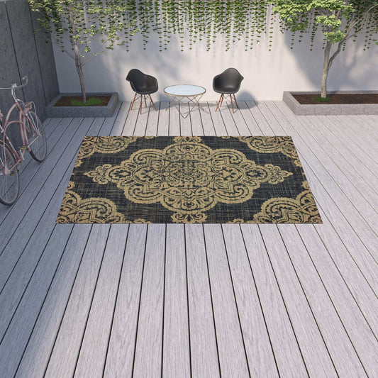 9' X 13' Black and Tan Oriental Stain Resistant Indoor Outdoor Area Rug - Homeroots - Flyclothing LLC