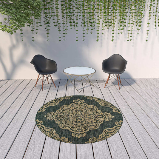 8' X 8' Black and Tan Round Oriental Stain Resistant Indoor Outdoor Area Rug - Homeroots - Flyclothing LLC