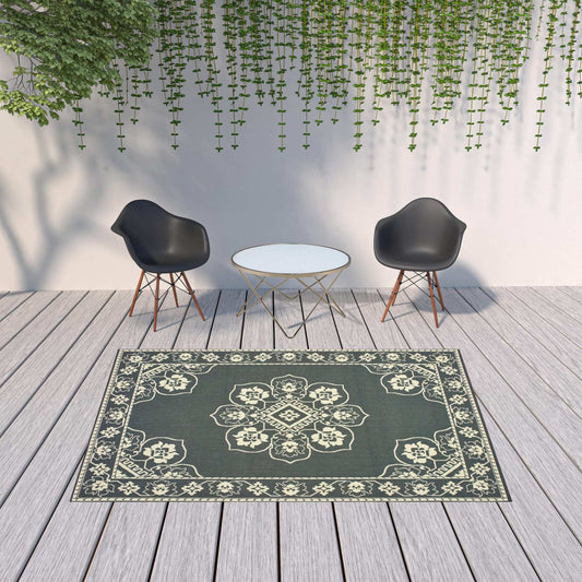 7' X 10' Gray and Ivory Oriental Stain Resistant Indoor Outdoor Area Rug - Homeroots - Flyclothing LLC