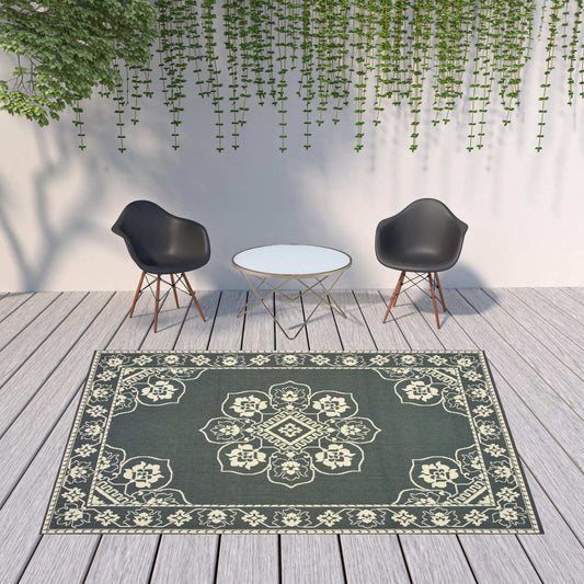 8' X 11' Gray and Ivory Oriental Stain Resistant Indoor Outdoor Area Rug - Homeroots - Flyclothing LLC