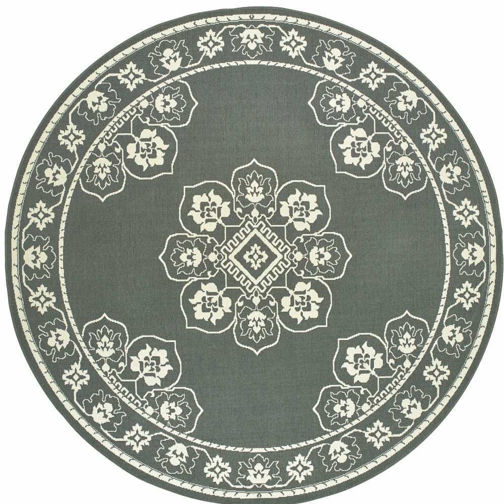 8' X 8' Gray and Ivory Round Oriental Stain Resistant Indoor Outdoor Area Rug - Homeroots - Flyclothing LLC
