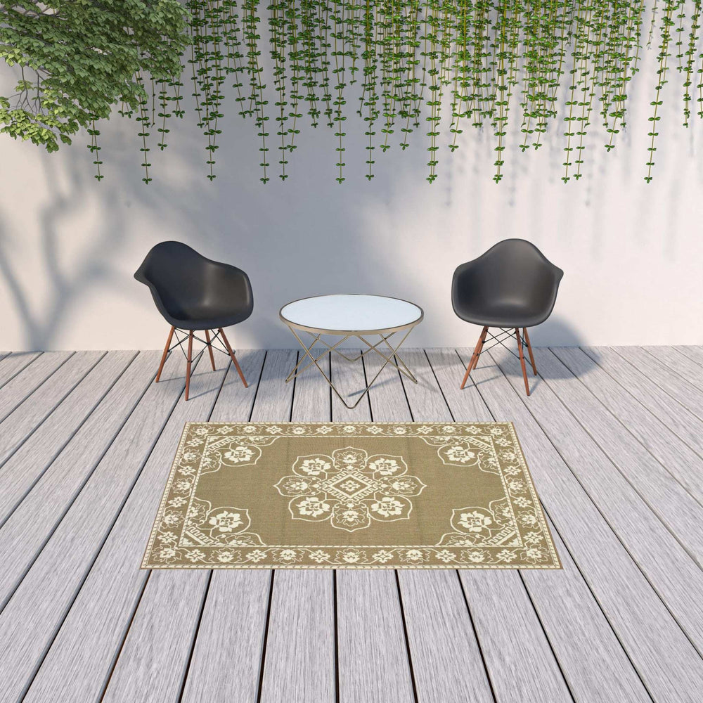 5' X 8' Tan Oriental Stain Resistant Indoor Outdoor Area Rug - Homeroots - Flyclothing LLC