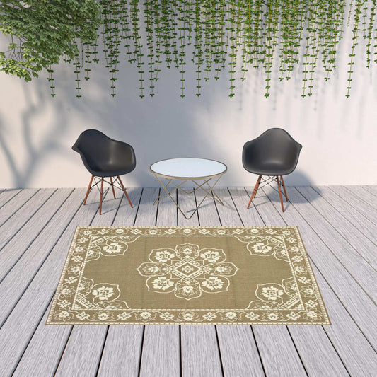 7' X 10' Tan Oriental Stain Resistant Indoor Outdoor Area Rug - Homeroots - Flyclothing LLC