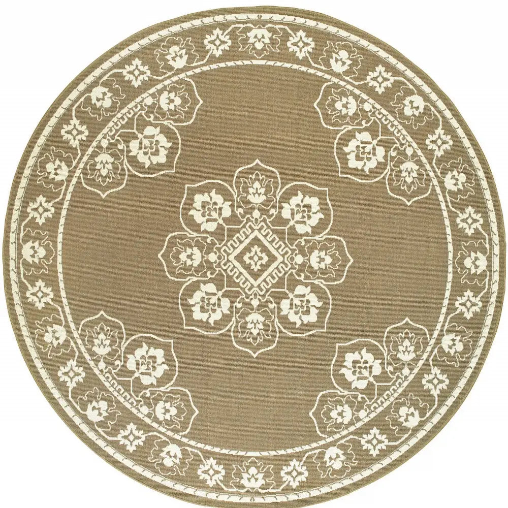 8' X 8' Tan Round Oriental Stain Resistant Indoor Outdoor Area Rug - Homeroots - Flyclothing LLC