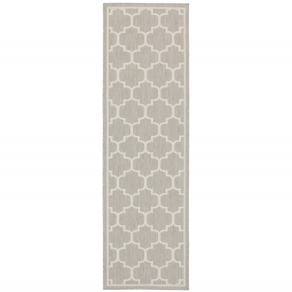 2' X 7' Gray and Ivory Geometric Stain Resistant Indoor Outdoor Area Rug