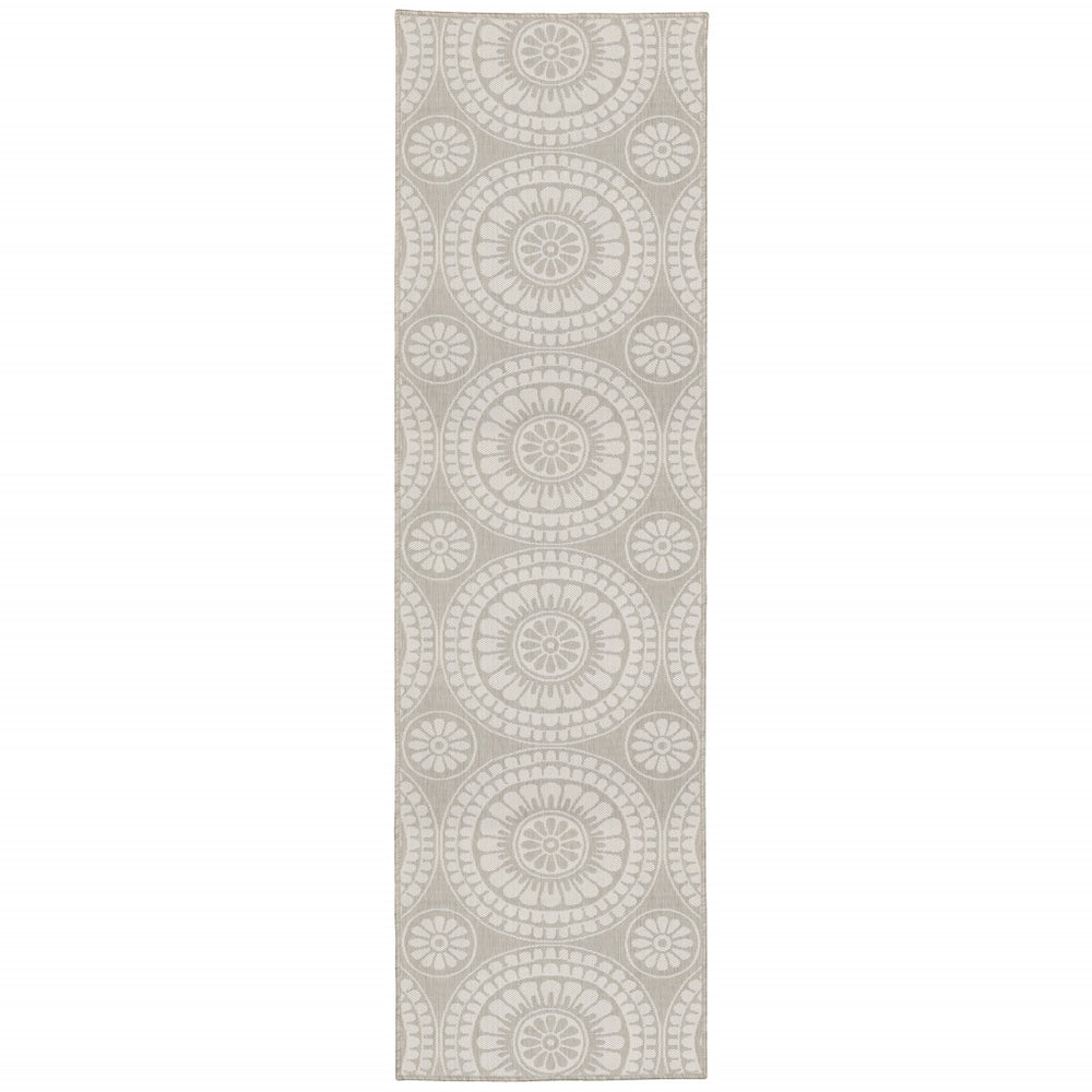 2' X 7' Gray and Ivory Geometric Stain Resistant Indoor Outdoor Area Rug