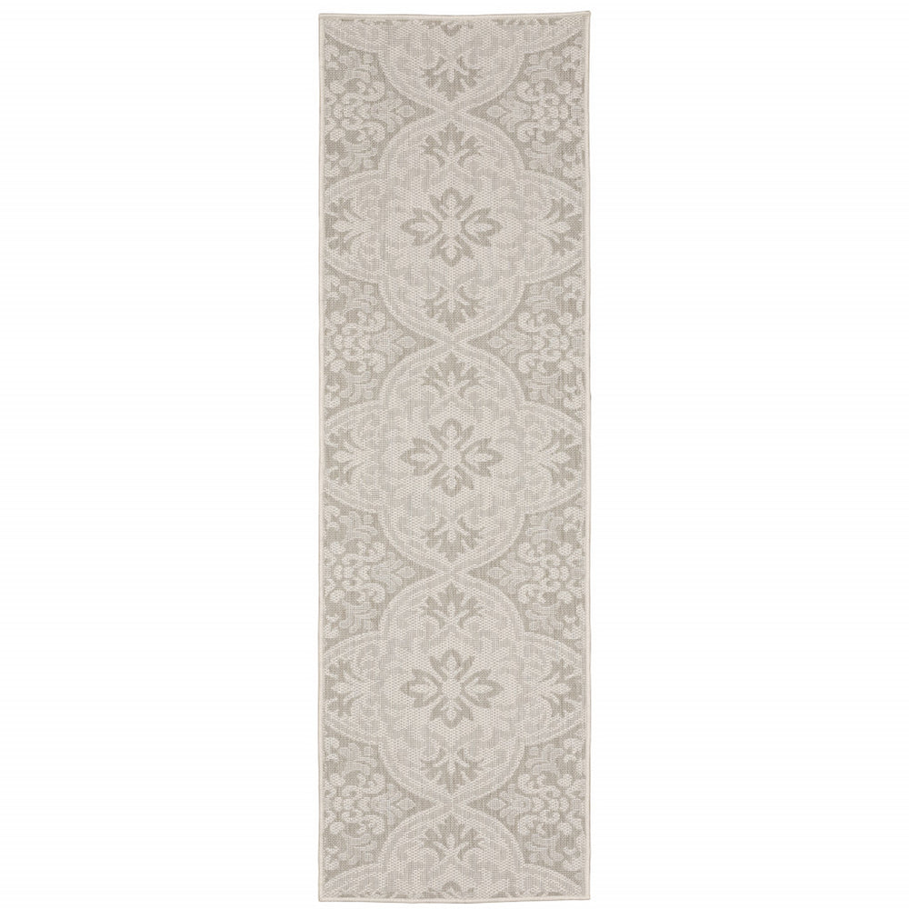 2' X 7' Gray and Ivory Floral Stain Resistant Indoor Outdoor Area Rug